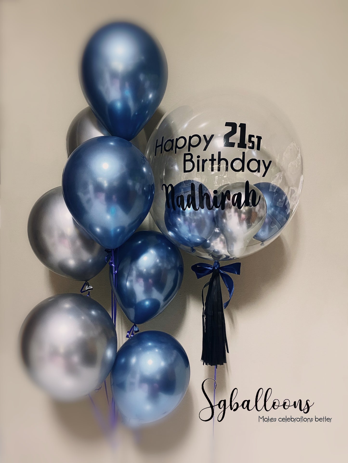 Chrome blue and silver themed customised balloon