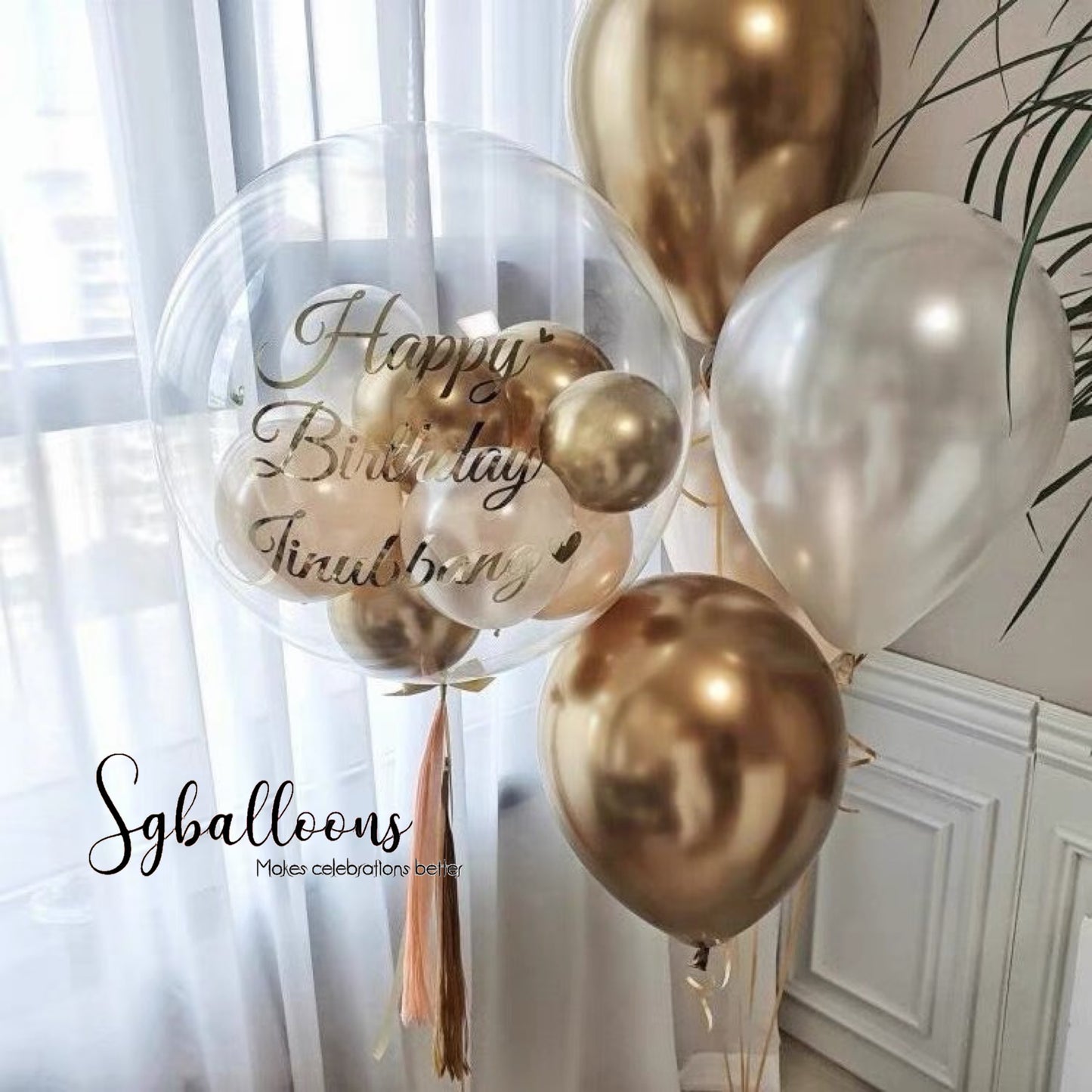 Chrome gold and pearl white theme customised balloon